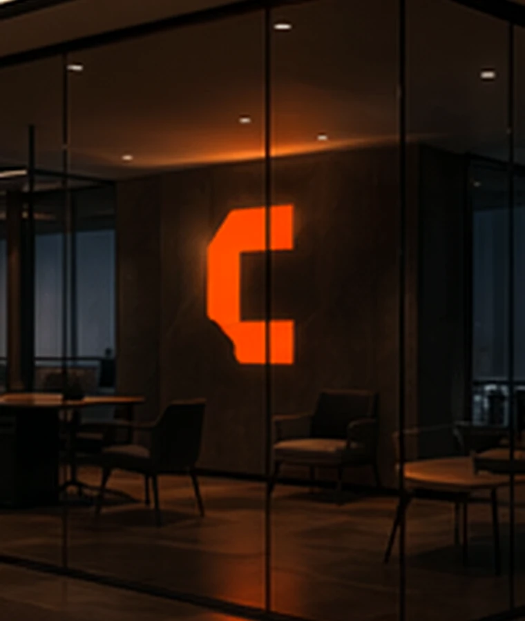 Escritório da Contafisc com a marca iluminada ao fundo