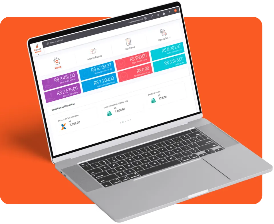 Questor Negocio Notebook Dashboard Laranja em tela do ecossistema Questor