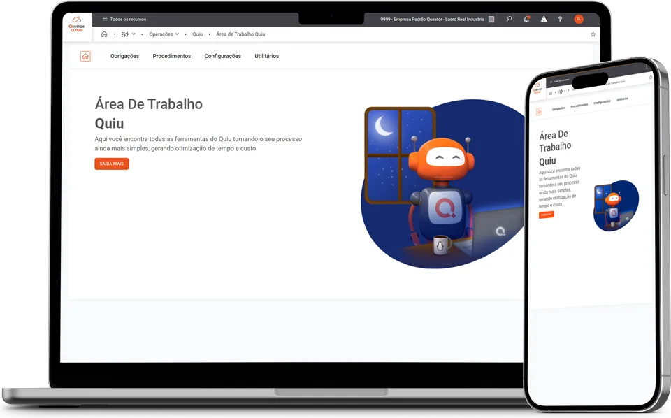 Quiu, o assistente de automação da Questor, em computador e celular