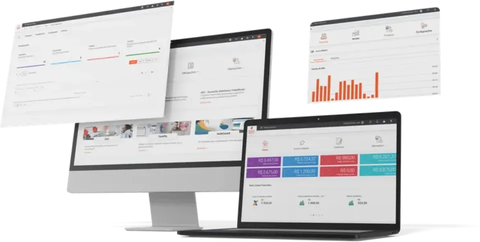 Painel do ecossistema Questor em notebook, com obrigações fiscais, capturas automáticas e indicadores.